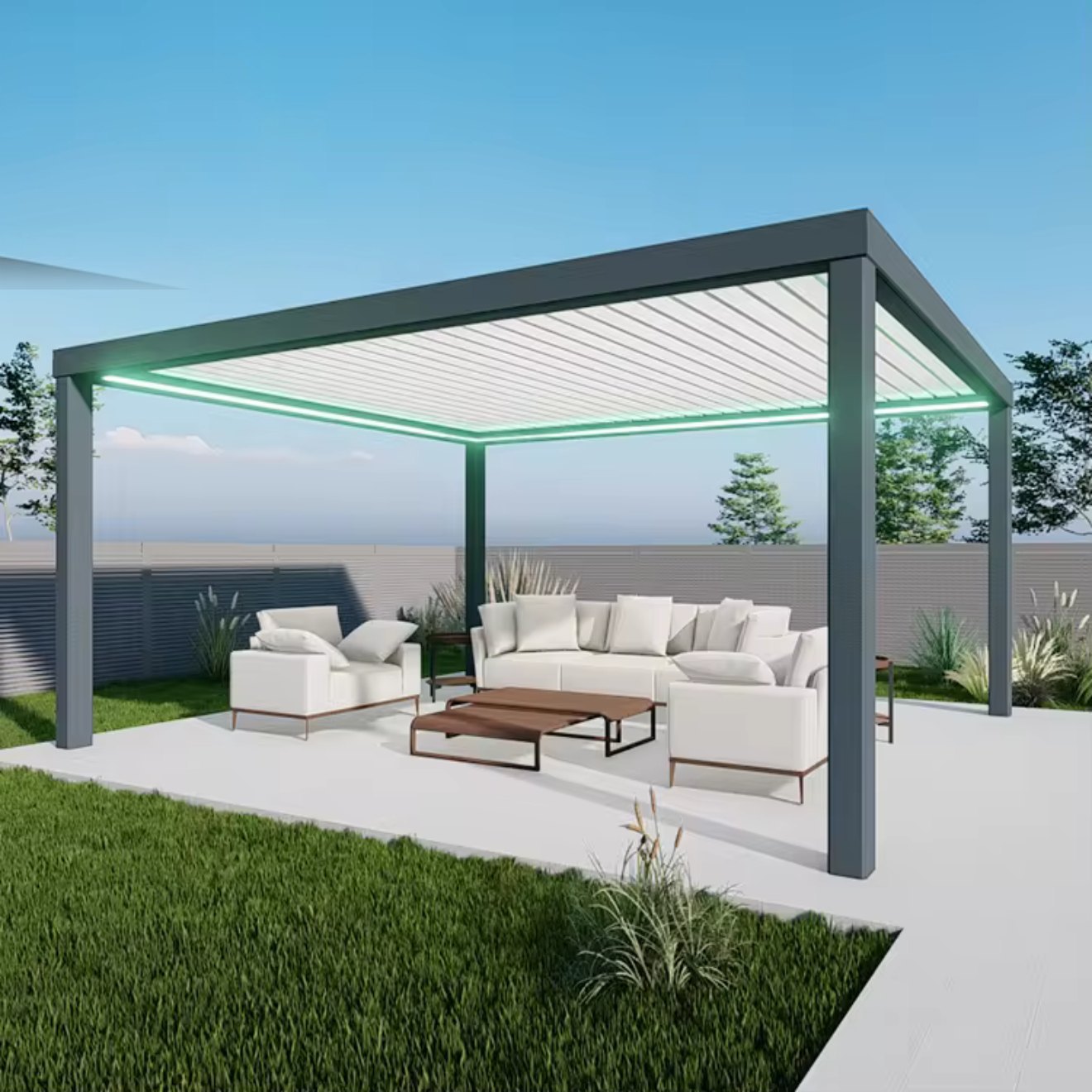 Motorized louvered aluminum pergola over a patio lounge set